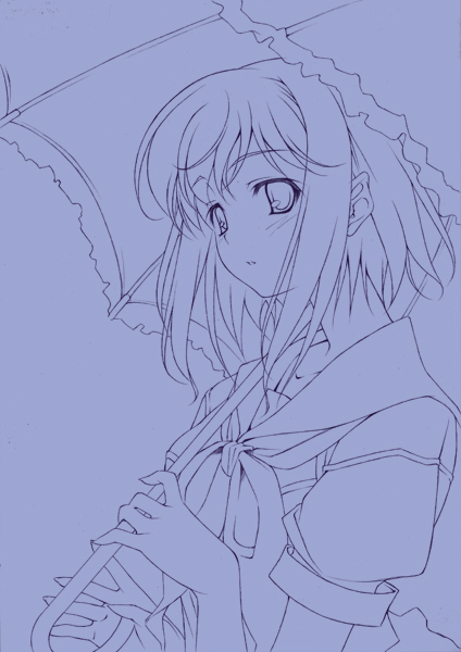 ikeda yasuhiro, original, 1girl, female focus, monochrome, purple theme, school uniform, serafuku, solo, umbrella