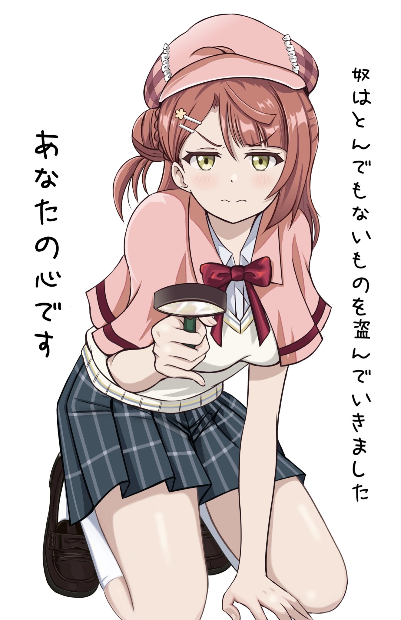 zaofeng, uehara ayumu, love live!, love live! nijigasaki high school idol club, commentary request, highres, translation request, 1girl, 3:, black shoes, blue skirt, bun with braided base, capelet, closed mouth, collared shirt, deerstalker, dress shirt, flower hairpin, frilled hat, frills, frown, full body, hair bun, hair ornament, hairclip, hat, holding, holding magnifying glass, kneeling, loafers, magnifying glass, miniskirt, neck ribbon, nijigasaki school uniform, parallel hairclips, pink capelet, pink hat, plaid clothes, plaid skirt, pleated skirt, red ribbon, ribbon, school uniform, shirt, shoes, single side bun, single sidelock, skirt, socks, solo, summer uniform, sweater vest, v-shaped eyebrows, white shirt, white socks, white sweater vest
