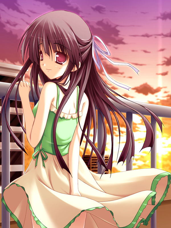 ishii akira, matsuzaki tokiko, original, 1girl, brown hair, dress, female focus, long hair, looking back, red eyes, solo