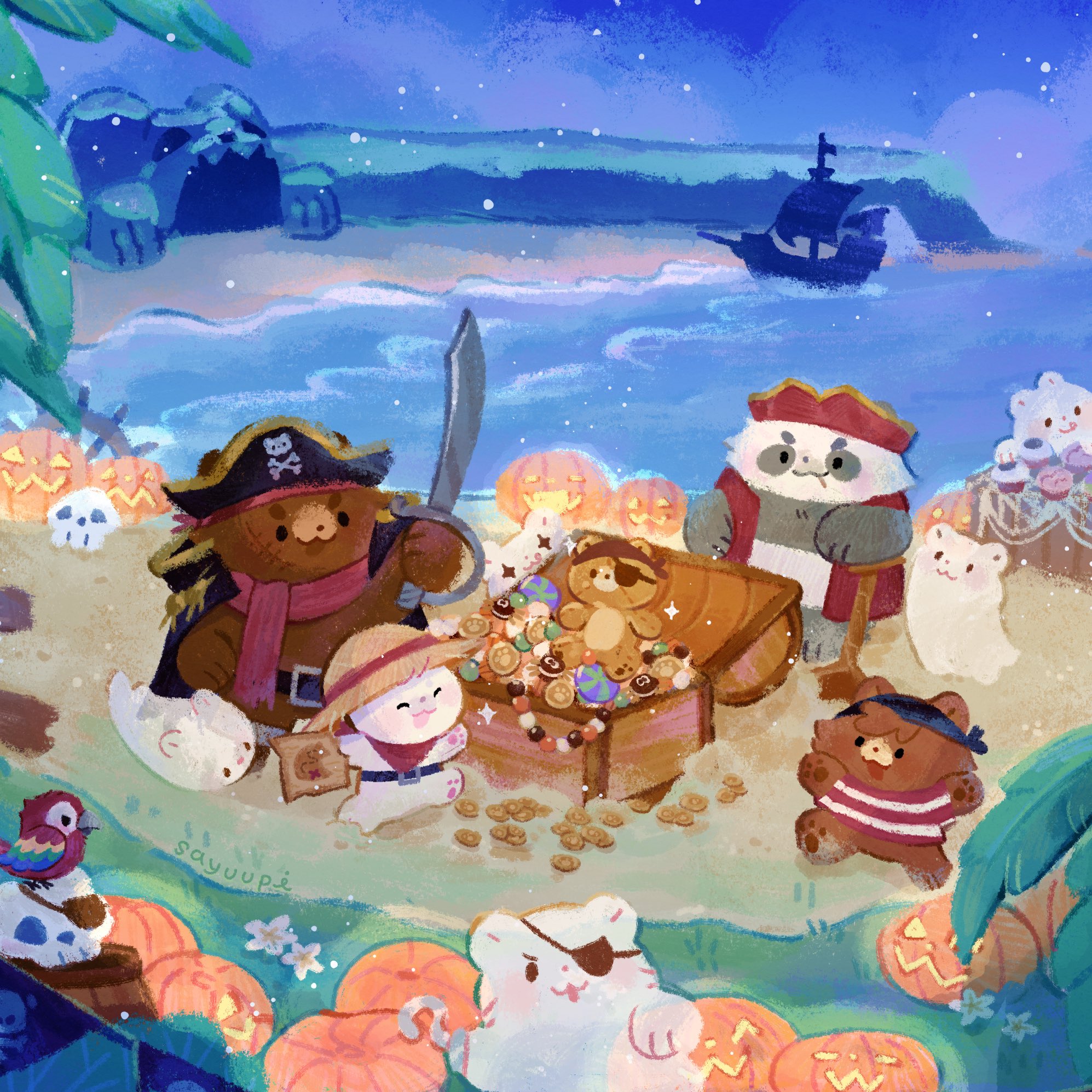 sayuupi, original, commentary, english commentary, highres, :3, :d, artist name, bandana, barrel, beach, bear, bird, black eyes, brown bear, candy, cave, chibi, closed eyes, closed mouth, coin, eyepatch, food, ghost, hat, holding, holding sword, holding weapon, hook hand, jack-o'-lantern, light particles, night, night sky, no humans, open mouth, outdoors, palm tree, panda, parrot, pirate, pirate hat, pirate ship, pumpkin, red bandana, red scarf, sand, scarf, shirt, skull, sky, smile, solid circle eyes, sparkle, straw hat, striped clothes, striped shirt, stuffed animal, stuffed toy, sword, teddy bear, thick eyebrows, tongue, tongue out, treasure, treasure chest, treasure map, tree, v-shaped eyebrows, waving, weapon