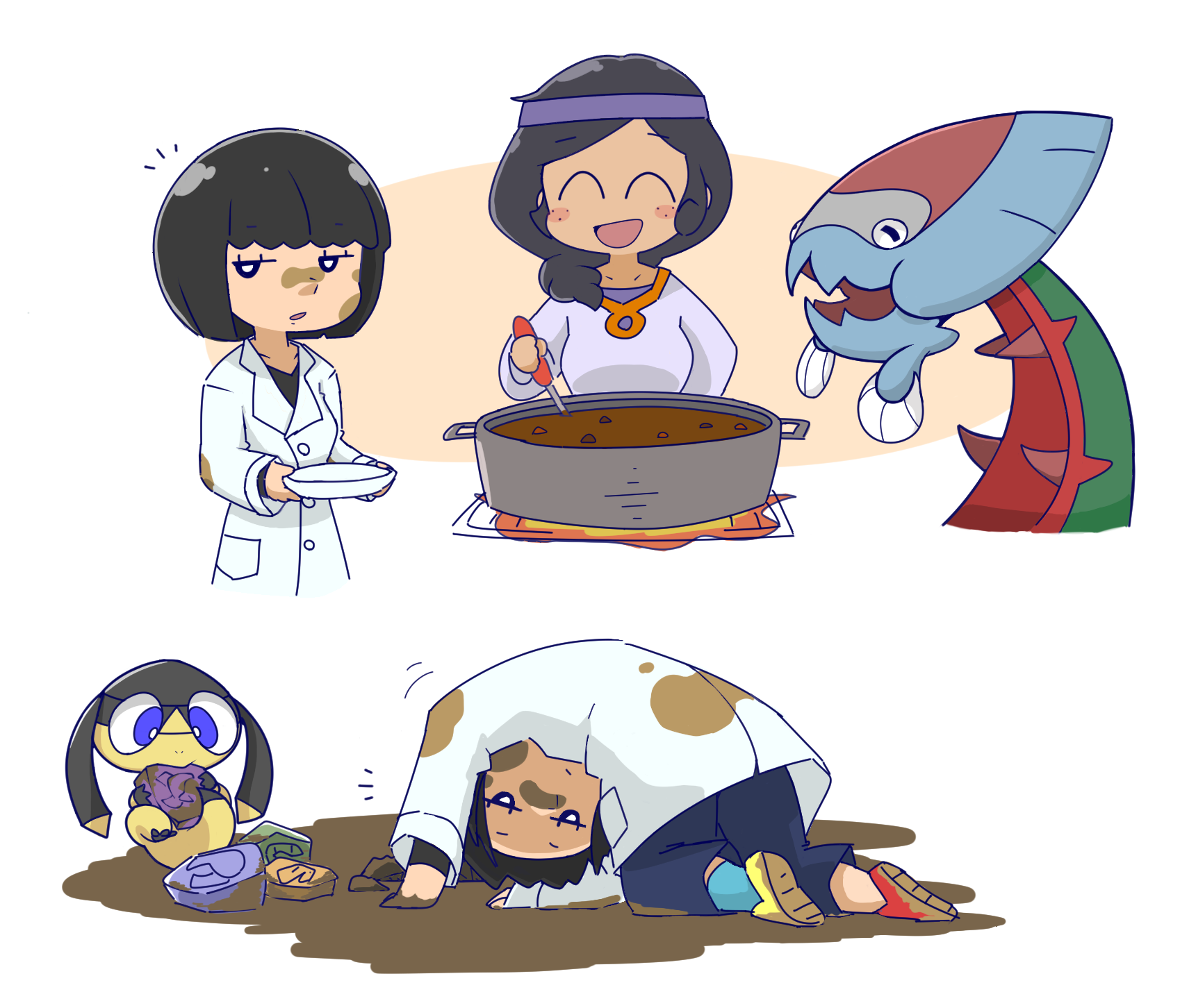 kuto tubuyaki, backpacker (pokemon), cara liss, dracovish, helioptile, nintendo, pokemon, pokemon swsh, highres, 2girls, asymmetrical footwear, black hair, cauldron, dirty, dirty clothes, dirty face, freckles, gen 6 pokemon, gen 8 pokemon, headband, holding, holding plate, lab coat, mismatched footwear, multiple girls, plate, pokemon (creature), purple headband