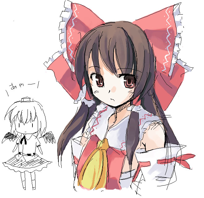 seo tatsuya, hakurei reimu, shameimaru aya, touhou, 2girls, ascot, bow, brown hair, chibi, detached sleeves, female focus, hair bow, hair tubes, hat, long hair, looking at viewer, multiple girls, red bow, red eyes, red ribbon, ribbon, ribbon-trimmed sleeves, ribbon trim, sarashi, shirt, short hair, sidelocks, simple background, sketch, skirt, tokin hat, upper body, white background, wings