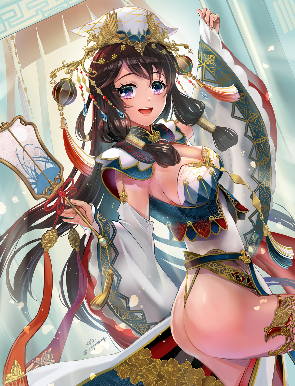 mejirooimg, original, clothing request, commentary request, highres, 1girl, :d, ass, breasts, brown hair, cleavage, detached sleeves, dutch angle, falling petals, fingernails, forehead, gem, hair ornament, hand fan, hand up, hat, highleg, holding, holding fan, light particles, low twintails, medium breasts, open mouth, parted bangs, petals, purple eyes, shadow, smile, solo, tassel, teeth, thighs, twintails, twitter username, upper teeth only, wide sleeves