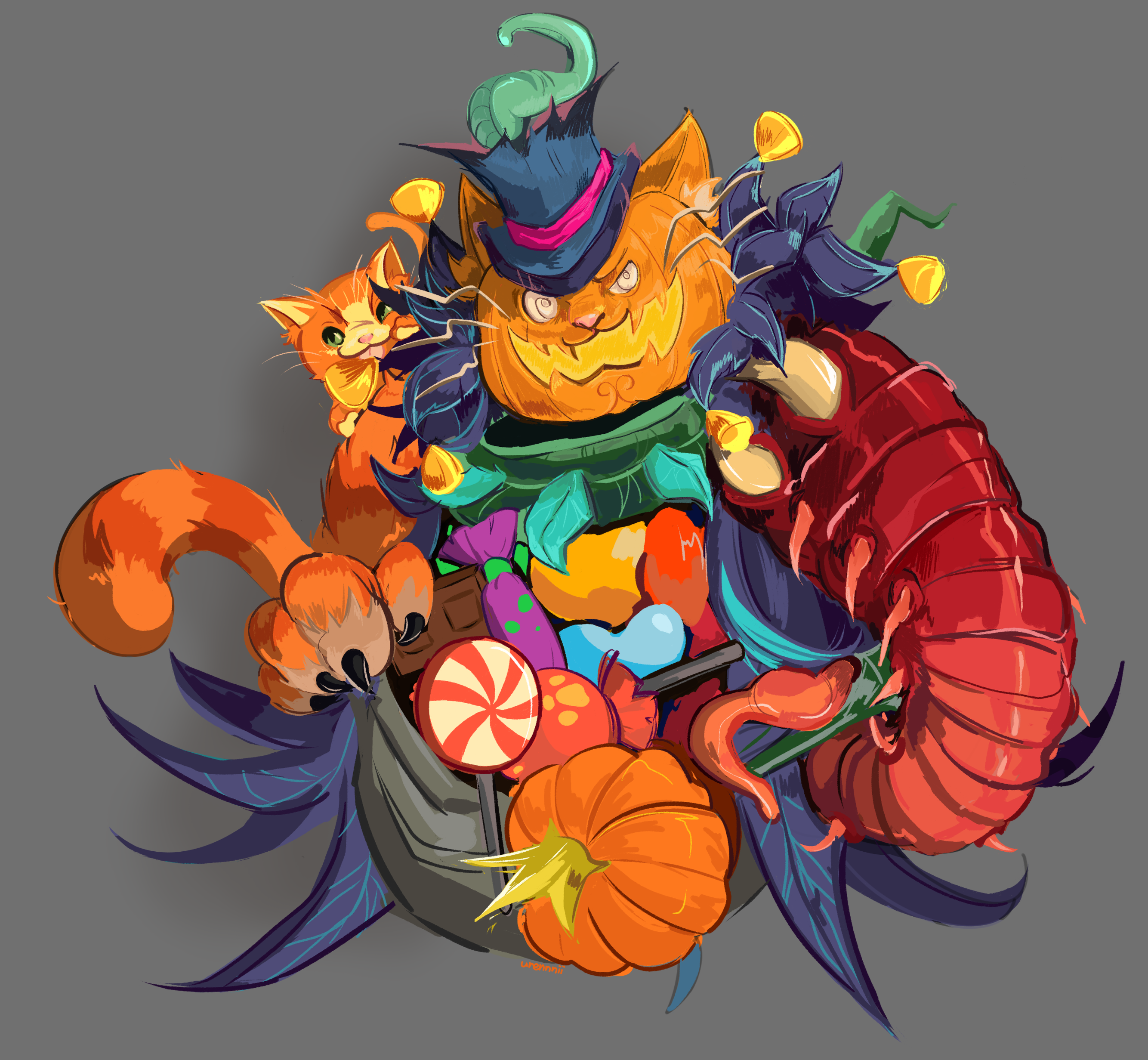 urennnii, candy cat, pudge (dota), dota (series), dota 2, absurdres, highres, animal hands, candy, cat, chocolate, food, halloween, halloween bucket, halloween costume, hat, holding, holding food, holding vegetable, jack-o'-lantern, lollipop, open mouth, pumpkin, pumpkin hat, trick or treat, vegetable