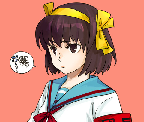 karakuri chouchou, koaki, suzumiya haruhi, suzumiya haruhi no yuuutsu, lowres, 00s, armband, brown hair, school uniform, serafuku, short hair, solo