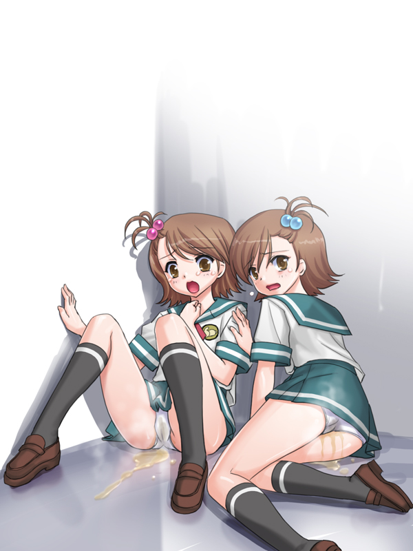 tadano akira, futami ami, futami mami, idolmaster, idolmaster xenoglossia, brown footwear, 00s, 2girls, black socks, blush, brown eyes, brown hair, hair bobbles, hair ornament, kneehighs, looking at viewer, looking back, mary janes, multiple girls, on floor, panties, pantyshot, pee, peeing, peeing self, peeing together, scared, school uniform, serafuku, shoes, short hair, siblings, sisters, sitting, socks, sweatdrop, twins, underwear