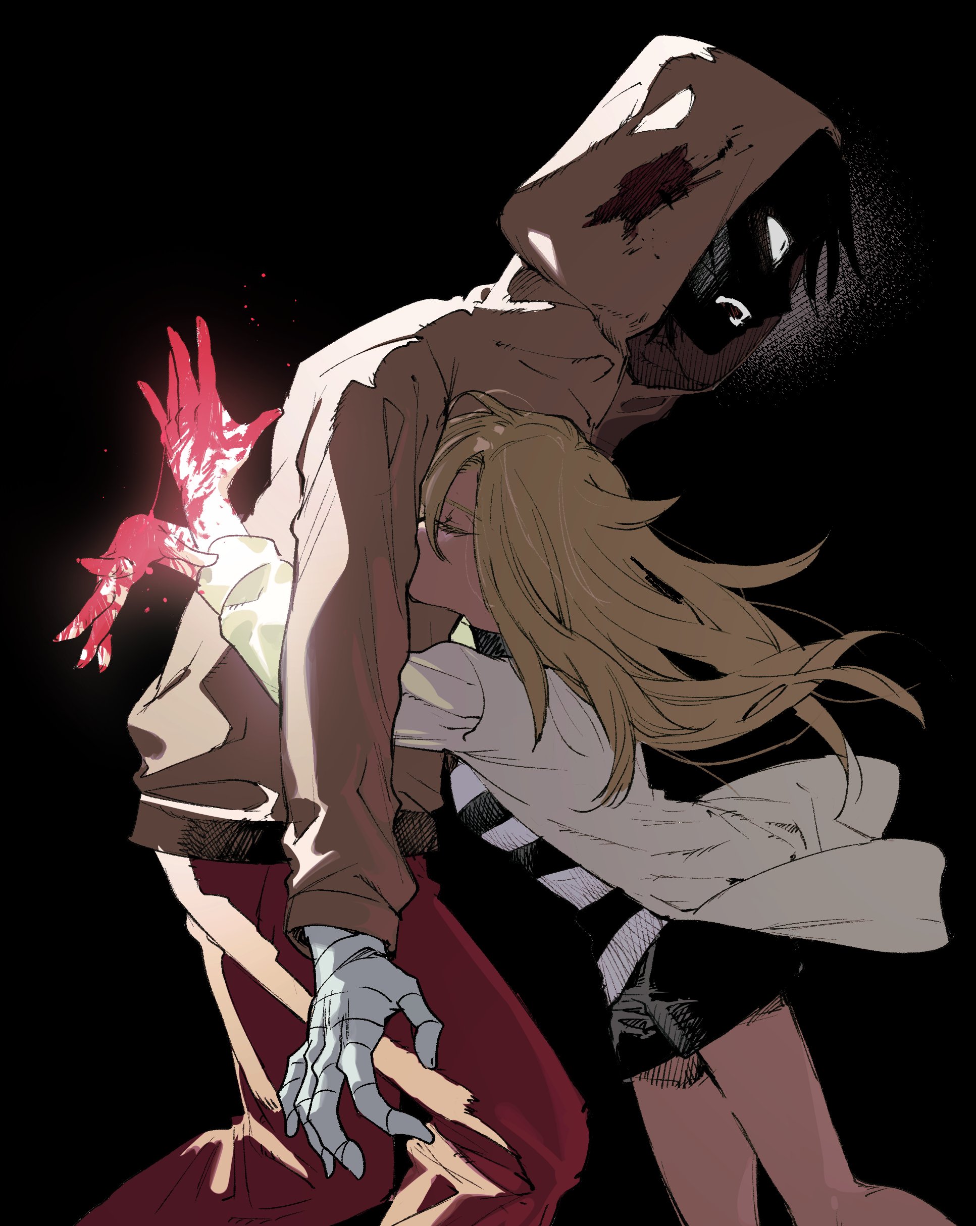 newo (shinra-p), isaac foster, rachel gardner, satsuriku no tenshi, absurdres, highres, 1boy, 1girl, bandaged hand, bandages, black background, blonde hair, blood, blood on clothes, blood on hands, hood, hood up, hoodie, hug, jacket, pants, shaded face, shirt, short shorts, shorts, simple background, striped clothes, striped shirt, white jacket