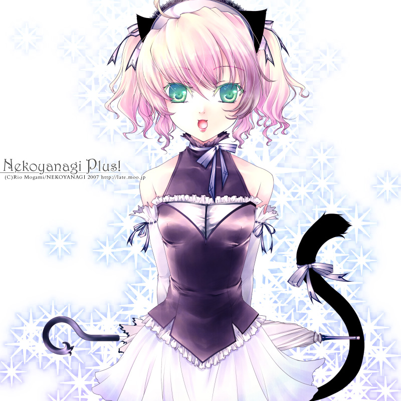 mogami rio, original, animal ears, blonde hair, cat ears, cat tail, dress, green eyes, ribbon, solo, tail, umbrella