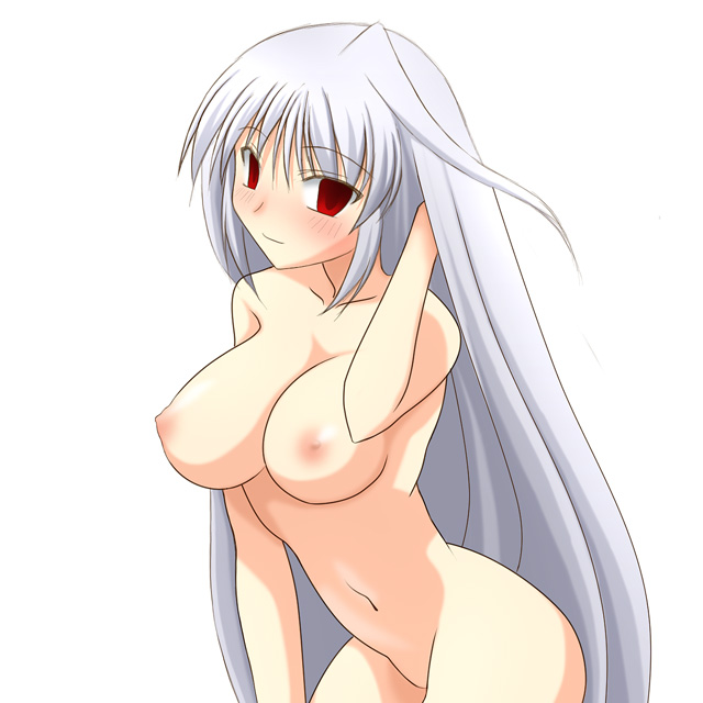 ibuki pon, reinforce, lyrical nanoha, mahou shoujo lyrical nanoha, mahou shoujo lyrical nanoha a's, silver hair, 00s, blush, breasts, large breasts, long hair, nipples, nude, red eyes, solo