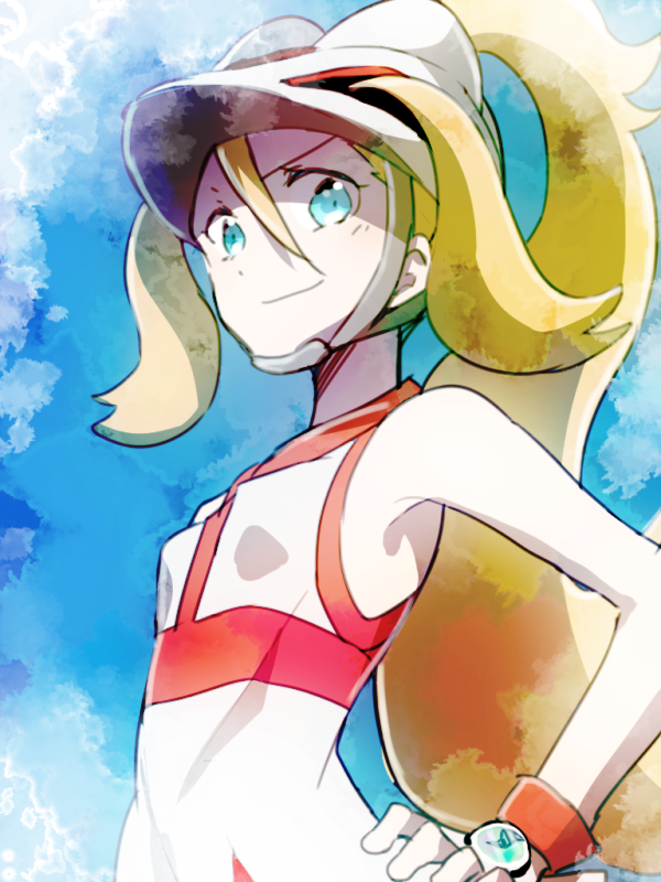 ryukadomatsu, korrina (pokemon), nintendo, pokemon, pokemon xy, 1girl, blonde hair, blue background, blue eyes, fingerless gloves, gloves, hand on own hip, helmet, looking at viewer, mega stone, ponytail, smile, solo
