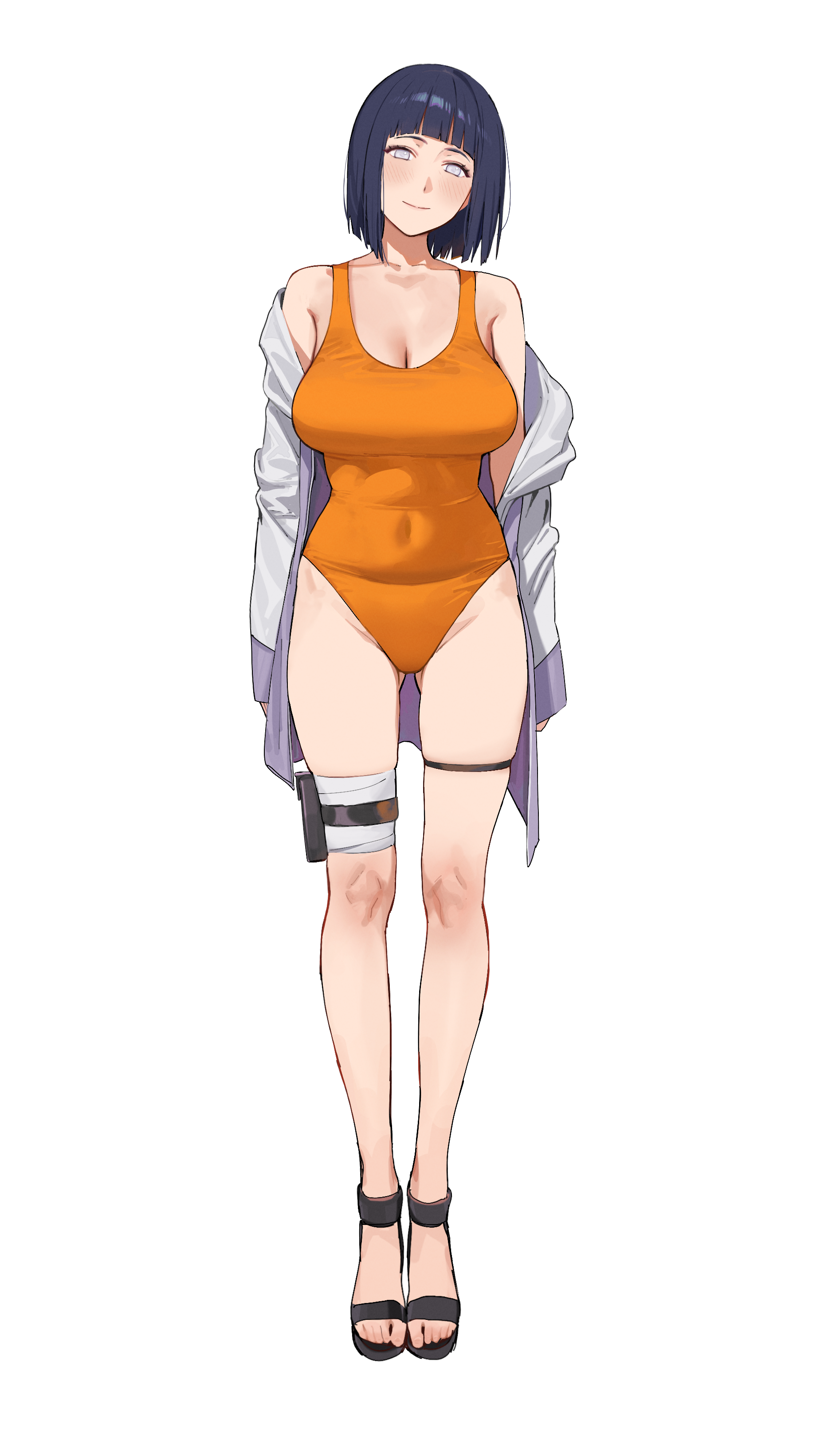 yakimi 27, hyuuga hinata, naruto (series), naruto shippuuden, absurdres, highres, 1girl, black hair, breasts, cleavage, full body, grey eyes, jacket, large breasts, light blush, looking at viewer, no pupils, one-piece swimsuit, orange one-piece swimsuit, short hair, simple background, smile, solo, standing, straight-on, swimsuit, white background, white jacket