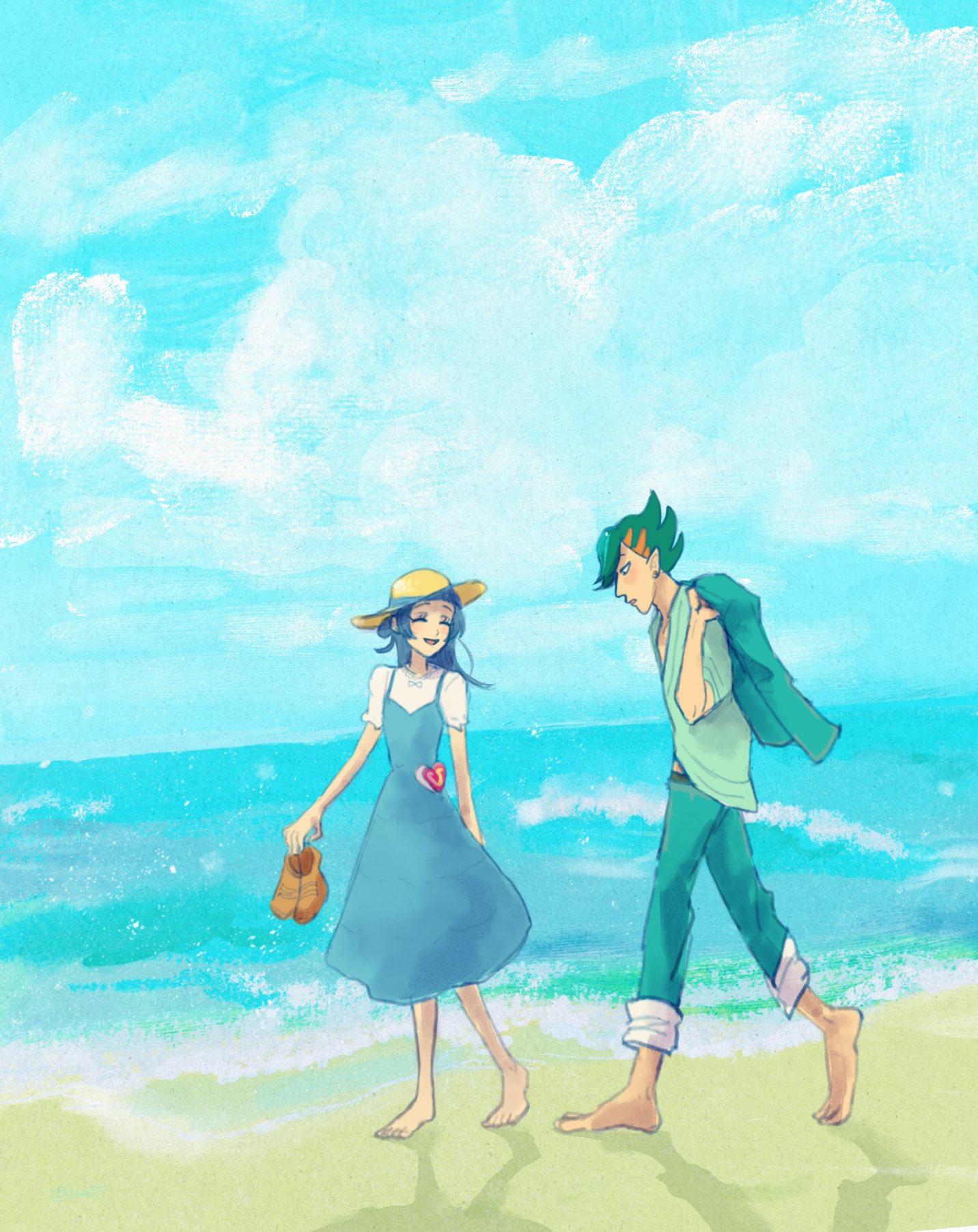 aokaze nana, kimi to idol precure, precure, highres, oil painting (medium), painting (medium), traditional media, 1boy, 1girl, barefoot, beach, blue dress, blue hair, blue sky, blunt bangs, cloud, cloudy sky, collarbone, couple, dress, gradient hair, green hair, green shirt, half up bun, hat, heart pouch, holding, holding jacket, holding shoes, holding unworn clothes, holding unworn jacket, jacket, long hair, long skirt, long sleeves, looking back, mature male, midriff peek, multicolored hair, neck, ocean, orange hair, pants, pants rolled up, parted bangs, profile, ribbon, sand, shadow, shirt, shoes, short hair, short sleeves, sideways, skirt, skkm075, sky, sleeve rolled up, smile, straw hat, summer, talking, turning around, unworn jacket, unworn shoes, white shirt, zakkuri (precure)