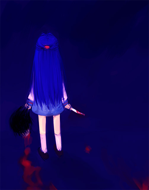 waku, asakura ryoko, suzumiya haruhi no yuuutsu, 00s, 1girl, arms at sides, black hair, black shoes, blood, bloody knife, bloody weapon, blue hair, blue skirt, dark background, disembodied head, female focus, from behind, full body, half updo, holding, holding detached head, holding weapon, kneehighs, knife, long hair, long sleeves, school uniform, serafuku, shoes, skirt, socks, solo, standing, straight hair, very long hair, weapon, white socks, yandere