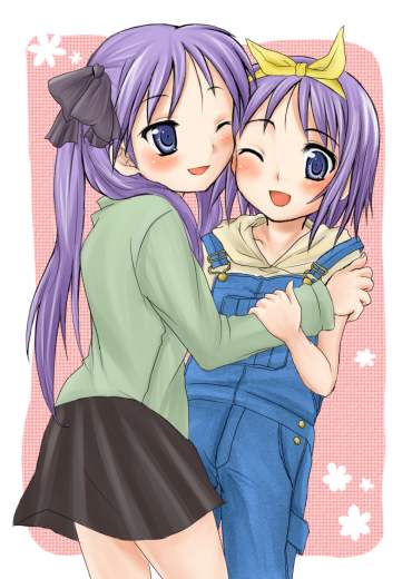 yuki mashiro, hiiragi kagami, hiiragi tsukasa, lucky star, 00s, 2girls, ;d, black skirt, blue eyes, blush, border, cowboy shot, long hair, long sleeves, multiple girls, one eye closed, open mouth, overalls, pleated skirt, purple hair, short hair, siblings, sisters, skirt, smile, standing, sweater, twins