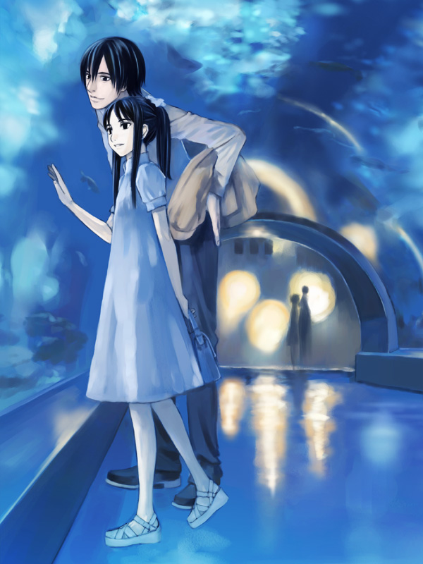 takano masayuki, kuroe kurose, misaki minato, blood alone, 1boy, 1girl, aquarium, night, vampire