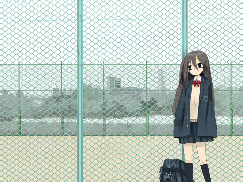 argonauts gemini, enchi, original, eyebrows, looking away, 1girl, blazer, brown hair, chain-link fence, female focus, fence, hands in pockets, jacket, long hair, school uniform, skirt, socks, solo