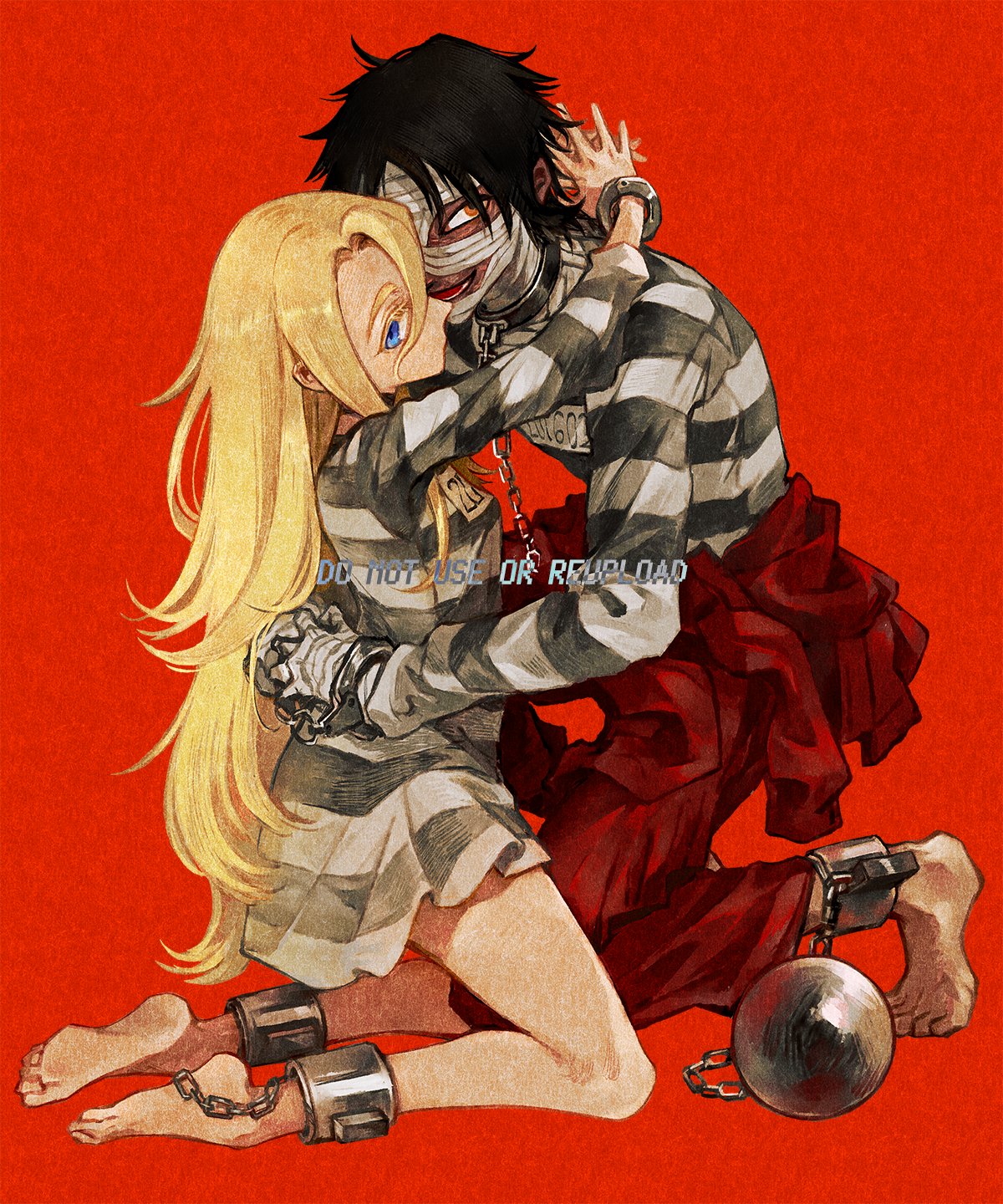 isaac foster, rachel gardner, satsuriku no tenshi, highres, 1boy, 1girl, arms around neck, ball and chain restraint, bandaged hand, bandaged head, bandages, barefoot, black hair, blonde hair, blue eyes, bound, bound ankles, bound together, bound wrists, chain, chain leash, clothes around waist, colored eyelashes, cuffs, english text, expressionless, full body, handcuffs, hug, iseatingstone, jacket, jacket around waist, kneeling, leash, long hair, looking at viewer, pants, prison clothes, red background, red pants, restrained, shirt, short hair, simple background, smile, striped clothes, striped shirt
