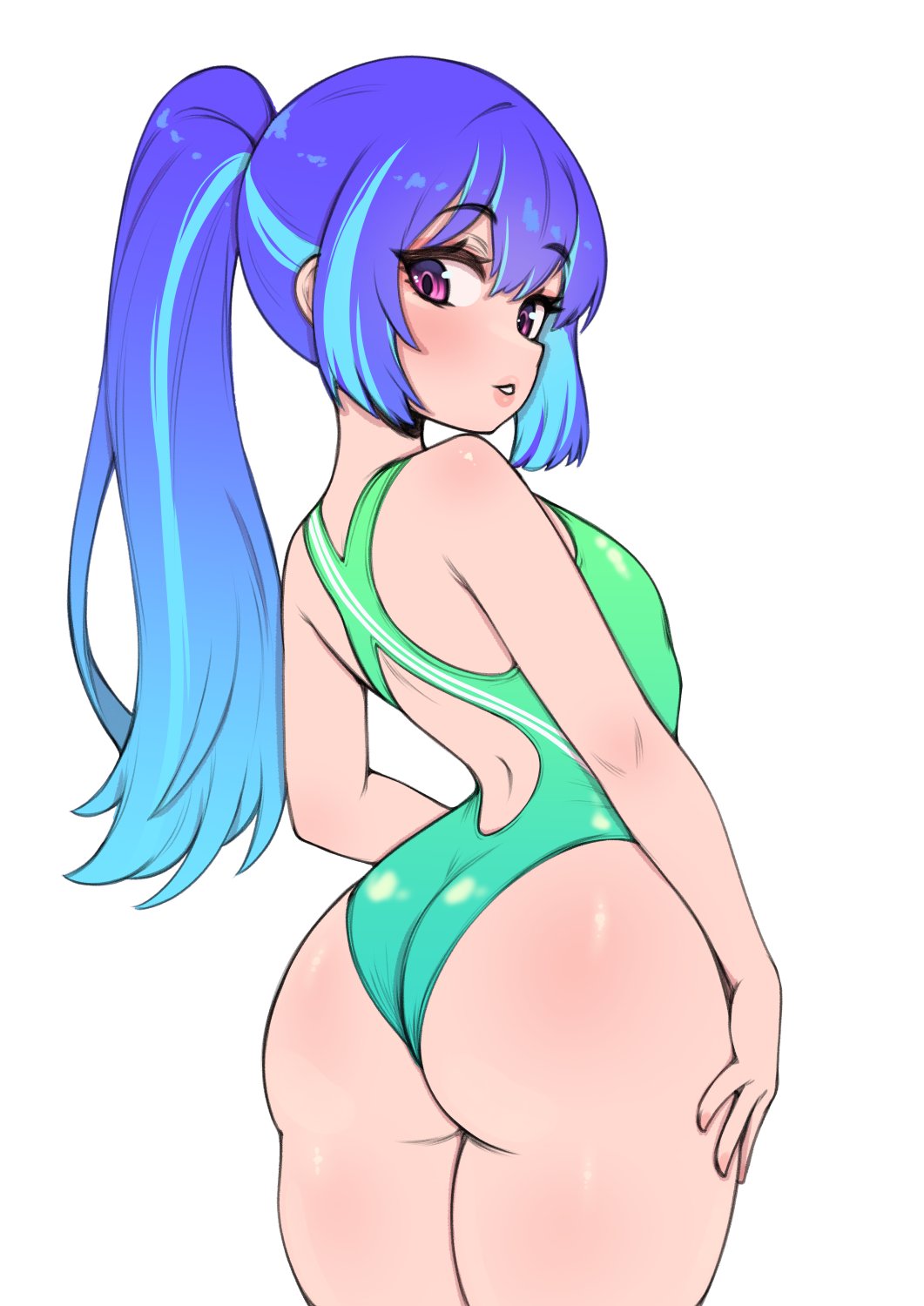 whomperfruit, character request, copyright request, highres, 1girl, ass, ass focus, blue hair, breasts, cowboy shot, from behind, gradient hair, green one-piece swimsuit, long hair, looking back, multicolored hair, one-piece swimsuit, pink eyes, ponytail, purple hair, simple background, small breasts, solo, streaked hair, swimsuit, white background