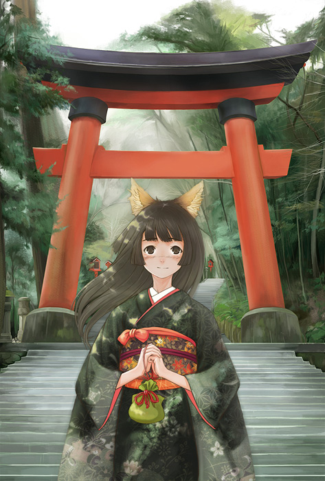 29 (artist), 1girl, animal ears, asa no ha (pattern), bag, bamboo, black eyes, black hair, day, female focus, fog, fox ears, holding, japanese clothes, kimono, long hair, long sleeves, looking at viewer, obi, outdoors, own hands together, pouch, sash, smile, solo, stairs, torii, tree, wide sleeves