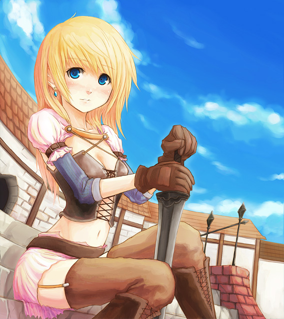 29 (artist), 1girl, blonde hair, blue eyes, earrings, fantasy, female focus, gloves, jewelry, midriff, sitting, sky, solo, sword, thighhighs, weapon