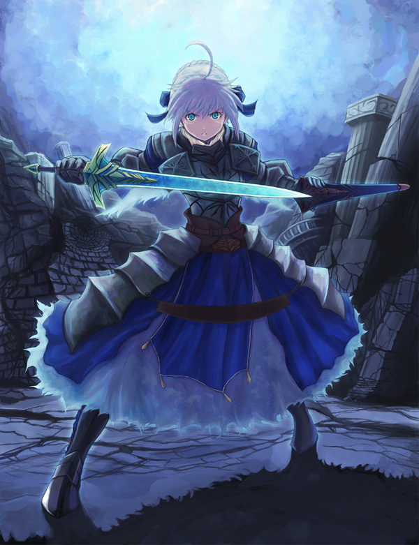 29 (artist), artoria pendragon (fate), saber (fate), fate/stay night, fate (series), silver hair, 00s, 1girl, ahoge, alternate hair color, armor, armored boots, armored dress, backlighting, belt, blue bow, blue dress, blush, boots, bow, dress, faulds, female focus, fighting stance, full body, furrowed brow, gauntlets, glowing, glowing sword, glowing weapon, hair bow, holding, holding sword, holding weapon, legs apart, looking at viewer, parted lips, pillar, ruins, serious, sheath, short hair, solo, standing, sword, unsheathed, weapon