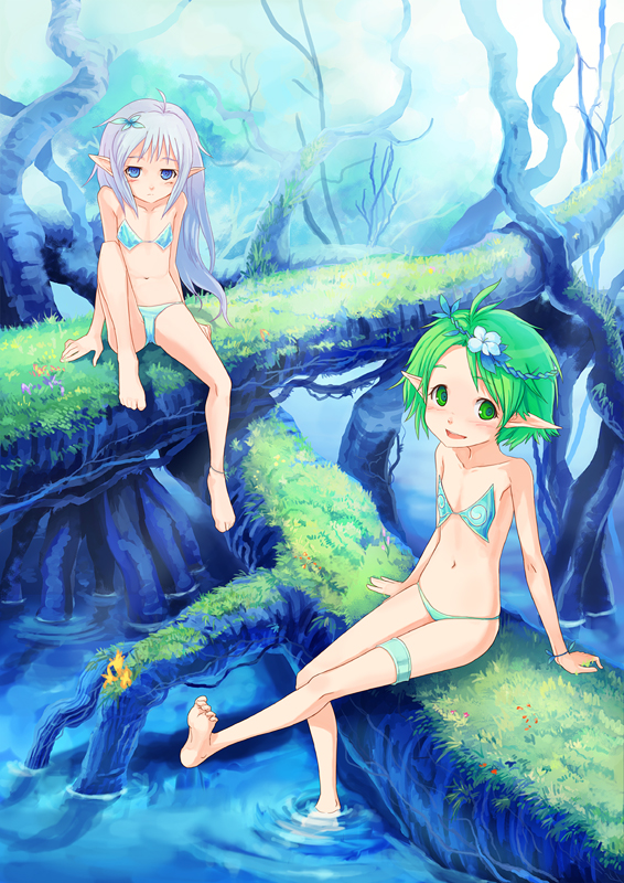 29 (artist), barefoot, bikini, fantasy, feet, flat chest, grass, outdoors, pointy ears, soaking feet, soles, swimsuit, water