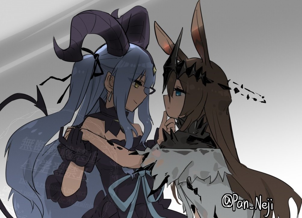 nejikyuu, amiya (arknights), amiya (demon king) (arknights), togawa sakiko, arknights, bang dream!, bang dream! it's mygo!!!!!, commentary request, 2girls, animal ears, black dress, black gloves, black horns, black ribbon, blue eyes, blue hair, brown hair, closed mouth, crossover, curled horns, detached collar, dress, face-to-face, floating crown, from side, gloves, grey background, hair ribbon, hand on another's chin, holding hands, horns, long hair, material growth, multiple girls, oripathy lesion (arknights), profile, rabbit ears, rabbit girl, ribbon, sidelocks, tail, togawa sakiko (master of melodia), white dress, yellow eyes