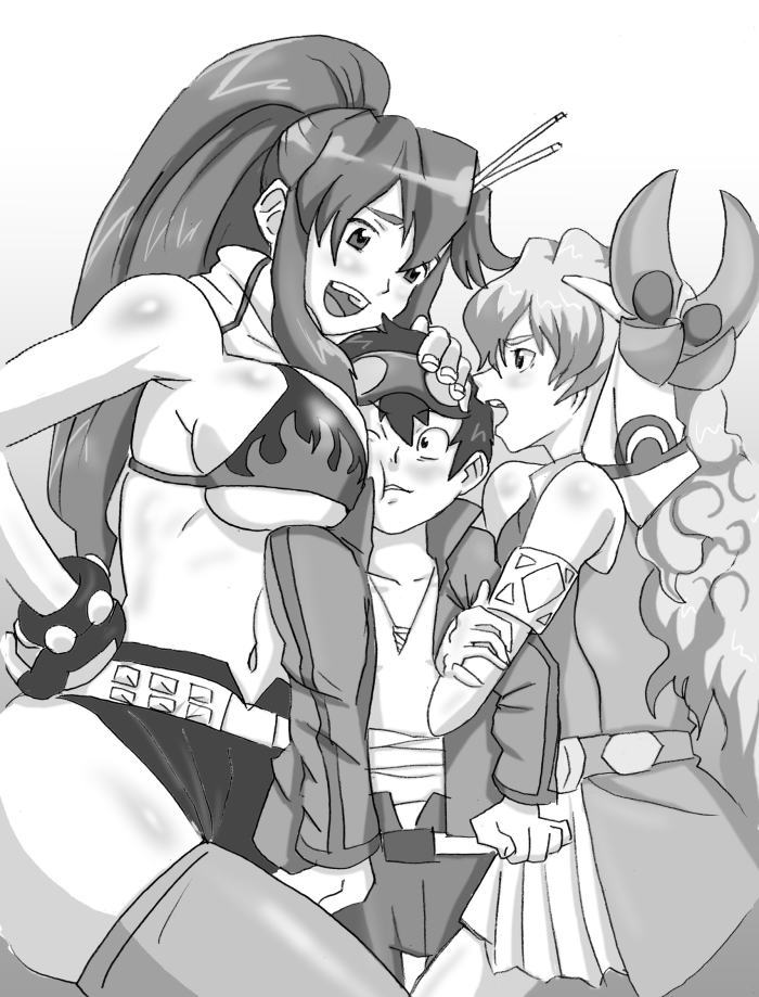 toryuu, nia teppelin, simon (ttgl), yoko littner, tengen toppa gurren lagann, 00s, 1boy, 2girls, angry, armlet, belt, bikini, bikini top only, breast smother, breasts, crossed arms, dress, face to breasts, fingerless gloves, flower, girl sandwich, gloves, greyscale, hair flower, hair ornament, jewelry, large breasts, long hair, midriff, monochrome, multiple girls, ponytail, sandwiched, shorts, swimsuit, thighhighs