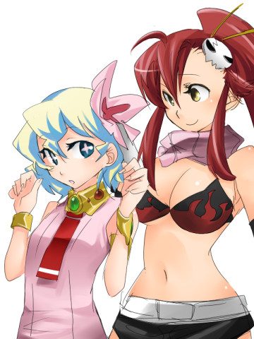 mudo (saji), nia teppelin, yoko littner, tengen toppa gurren lagann, lowres, 00s, 2girls, bikini, bikini top only, bracelet, breasts, cleavage, dress, flower, hair flower, hair ornament, jewelry, large breasts, midriff, multicolored hair, multiple girls, pink dress, ponytail, red hair, scarf, short hair, shorts, small breasts, swimsuit