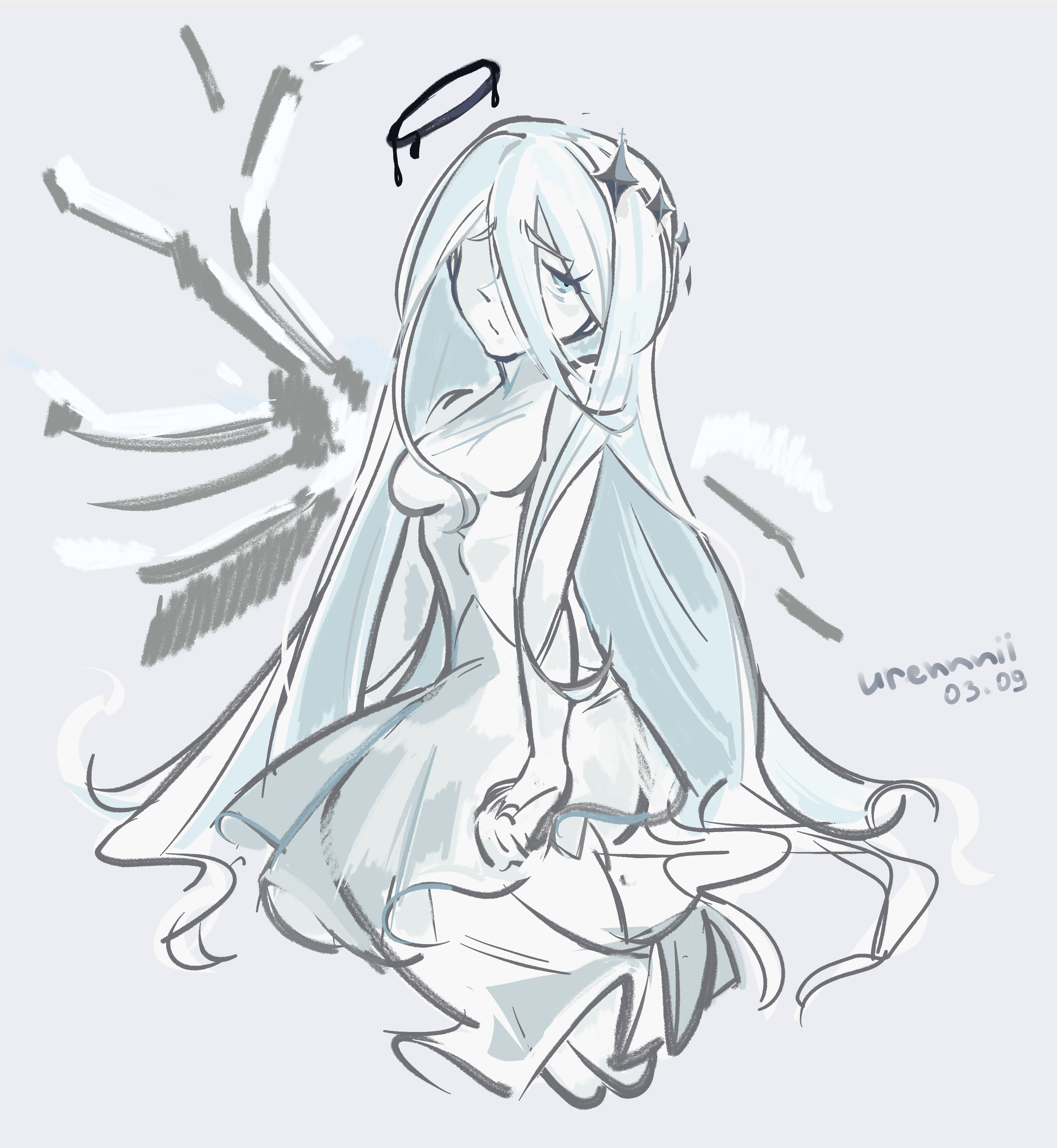 urennnii, player character (roblox), original, roblox, absurdres, highres, 1girl, colored skin, dress, grey background, hair between eyes, halo, long hair, sad, solo, urennnii (roblox), very long hair, white dress, white hair, white skin