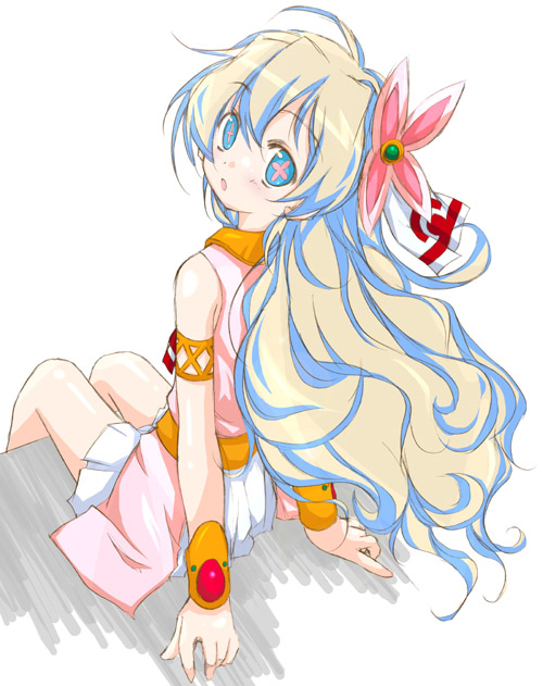 yumesato makura, nia teppelin, tengen toppa gurren lagann, + +, 00s, 1girl, armlet, bracelet, cross-shaped pupils, dress, female focus, flower, hair flower, hair ornament, jewelry, long hair, looking back, multicolored hair, pink dress, pink skirt, simple background, skirt, sleeveless, solo, symbol-shaped pupils, white background