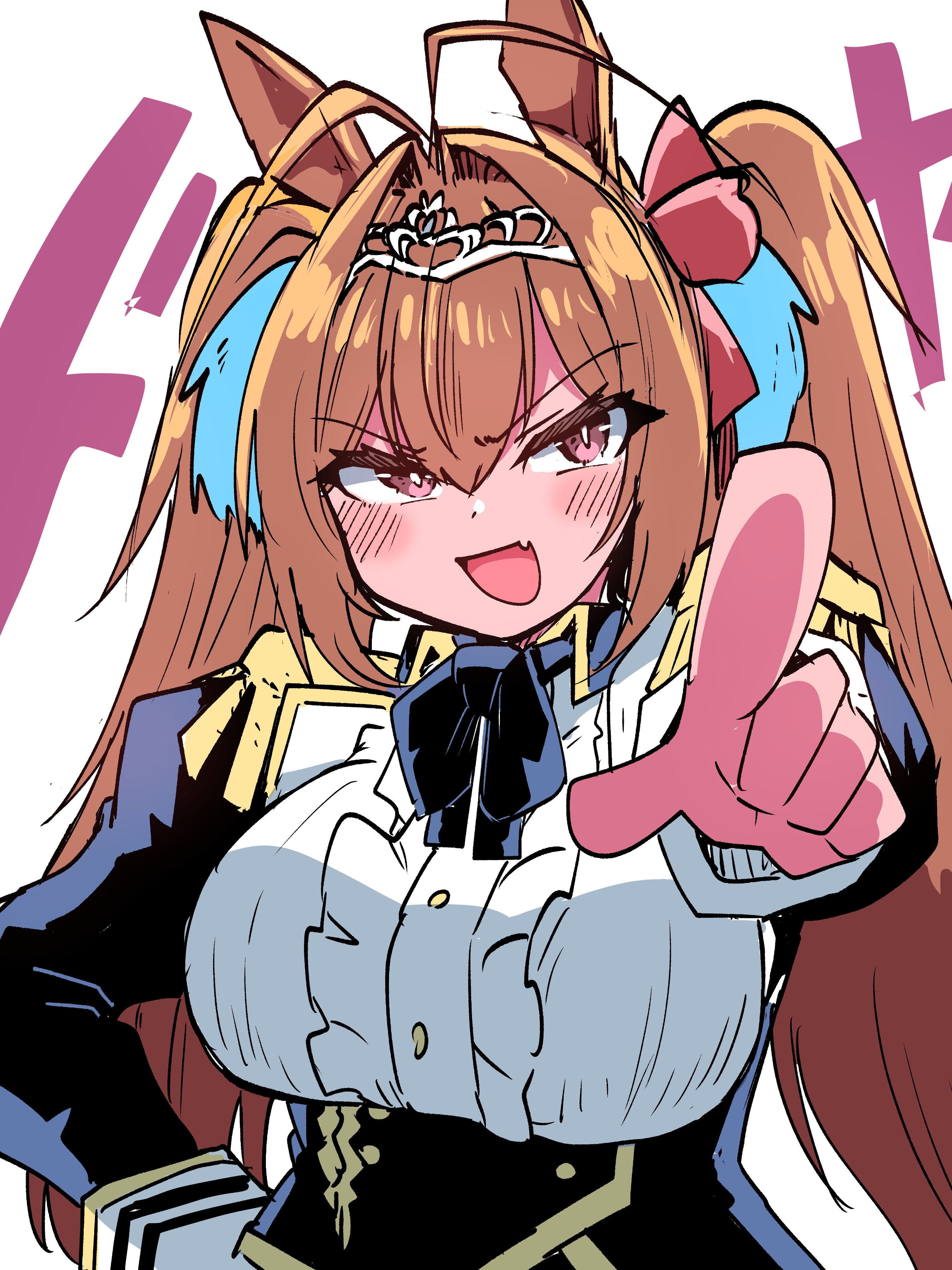 poyo (hellmayuge), daiwa scarlet (umamusume), umamusume, absurdres, highres, 1girl, :d, animal ears, antenna hair, black bow, black bowtie, blue dress, blue scrunchie, bow, bowtie, center frills, daiwa scarlet (peak blue) (umamusume), dress, epaulettes, fang, framed breasts, frills, hair intakes, hair ornament, hair scrunchie, horse ears, layered dress, long hair, long sleeves, looking at viewer, open mouth, orange hair, outstretched arm, pointing, pointing at viewer, scrunchie, skin fang, smile, solo, tiara, twintails, upper body, v-shaped eyebrows, white background, white dress