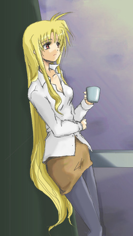 sorairo ai, fate testarossa, lyrical nanoha, mahou shoujo lyrical nanoha, mahou shoujo lyrical nanoha strikers, lowres, 00s, 1girl, blonde hair, female focus, pantyhose, solo