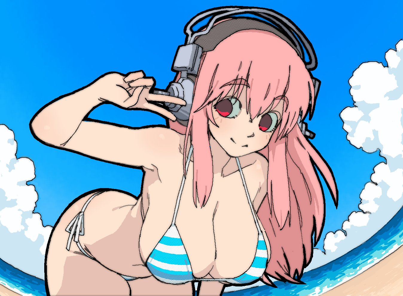 pantsu-ripper, super sonico, nitroplus, 1girl, armpits, beach, bikini, blue bikini, blue sky, breasts, cleavage, closed mouth, cloud, fisheye, hair between eyes, hand up, headphones, huge breasts, multicolored bikini, no pupils, ocean, outdoors, pink hair, red eyes, side-tie bikini bottom, sky, smile, solo, straight hair, striped bikini, striped clothes, swimsuit, two-tone bikini, v, white bikini