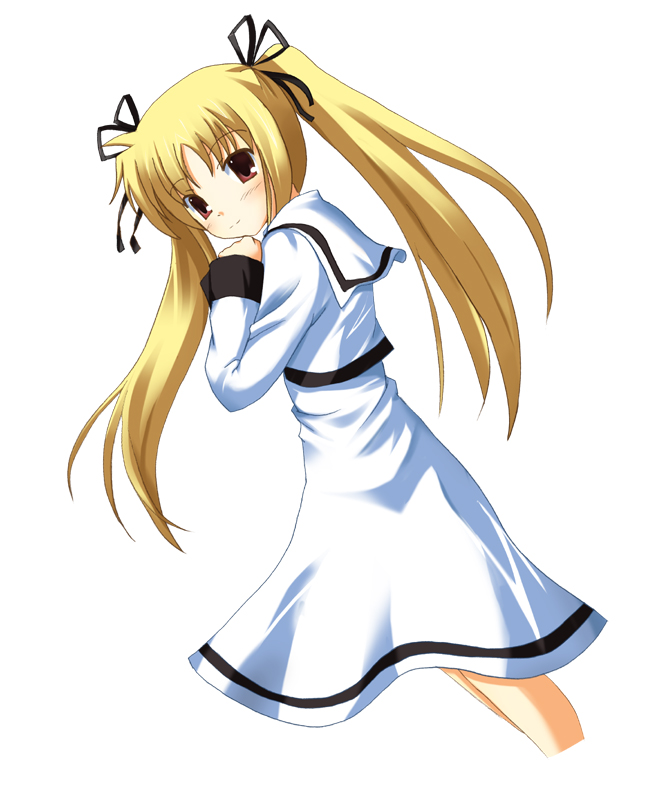 odaya, odayan, fate testarossa, lyrical nanoha, mahou shoujo lyrical nanoha, mahou shoujo lyrical nanoha a's, 00s, 1girl, blonde hair, cropped legs, dress, dutch angle, female focus, hair ribbon, long hair, long sleeves, looking at viewer, no legwear, red eyes, ribbon, school uniform, solo, standing, twintails, white dress