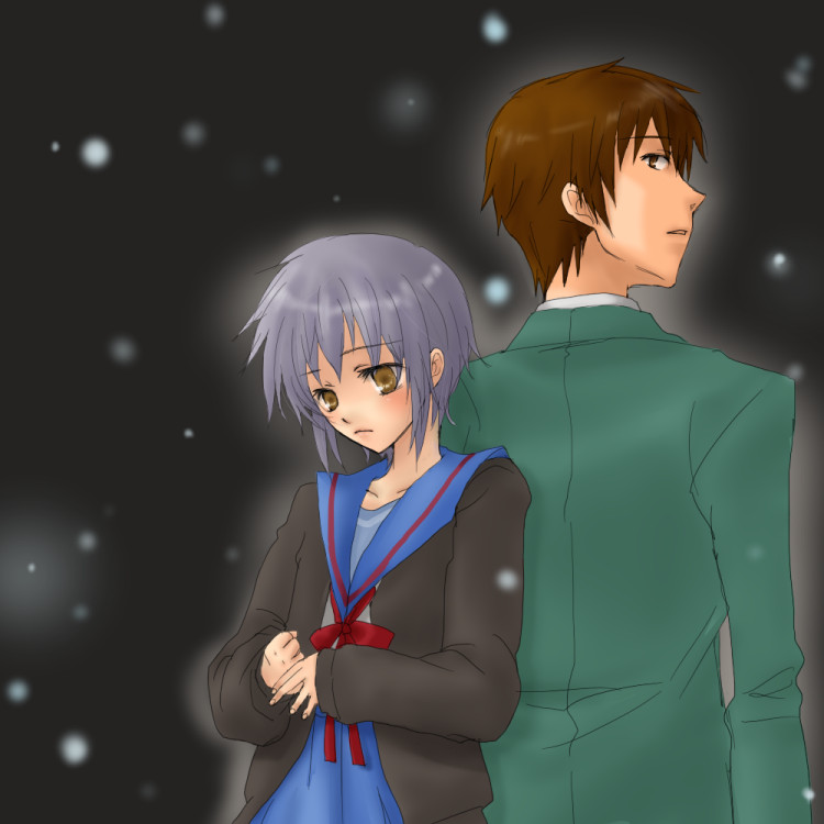 kyon, nagato yuki, suzumiya haruhi no yuuutsu, 00s, 1boy, 1girl, cardigan, school uniform, serafuku, snow, snowing