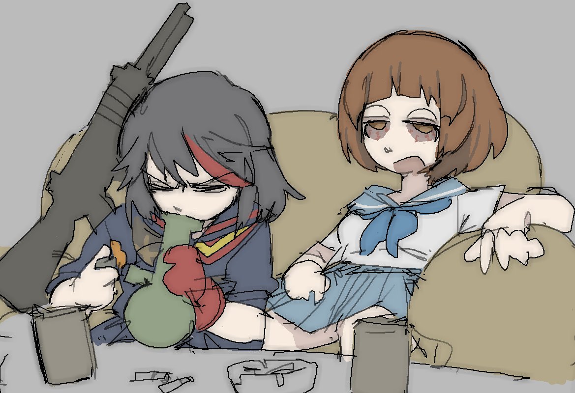 pantsu-ripper, mankanshoku mako, matoi ryuuko, kill la kill, 2girls, assault rifle, black hair, black serafuku, black shirt, black skirt, blue sailor collar, blue skirt, blunt bangs, bong, brown hair, closed eyes, couch, drugs, grey background, gun, holding bong, joint (drug), marijuana, multicolored hair, multiple girls, on couch, red-eye effect, red hair, rifle, sailor collar, school uniform, serafuku, shirt, simple background, sitting, skirt, smoking, stoned, streaked hair, weapon, white shirt