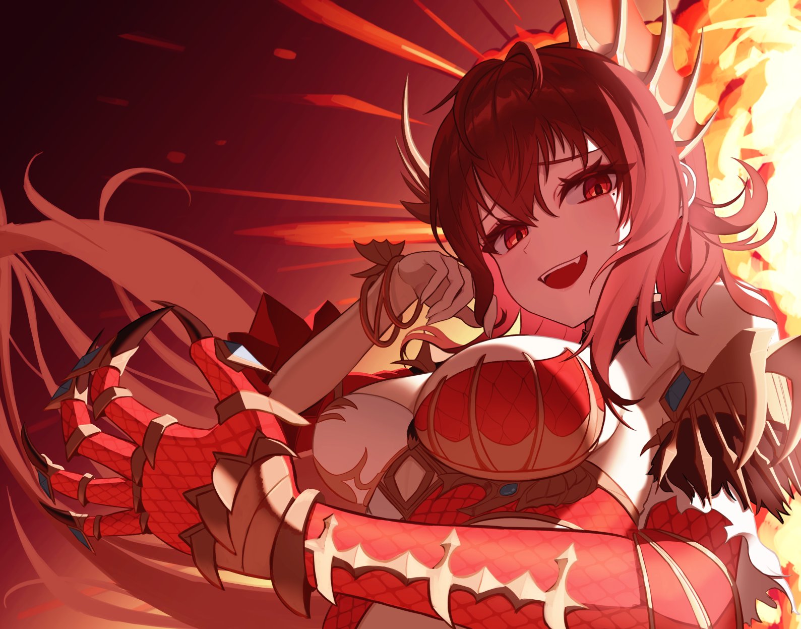 shadowverse, highres, 1girl, asymmetrical clothes, bracelet, breasts, claws, cleavage, dragon claw, dragon girl, dragon horns, explosion, explosion background, horns, jewelry, looking at viewer, luwanch, medium breasts, red eyes, solo