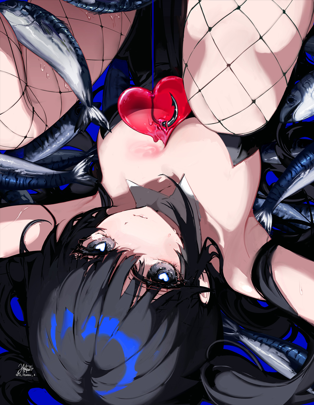 hyatsu, original, highres, 1girl, artist name, bare shoulders, black hair, black leotard, black pantyhose, blue background, blue eyes, breasts, closed mouth, collar, detached collar, feet out of frame, fish, fish hook, fishnet pantyhose, fishnets, folded, hair between eyes, heart, heart-shaped pupils, hook, large breasts, leotard, long hair, looking at viewer, pantyhose, playboy bunny, side ponytail, signature, simple background, solo, strapless, strapless leotard, sweat, symbol-shaped pupils, upside-down