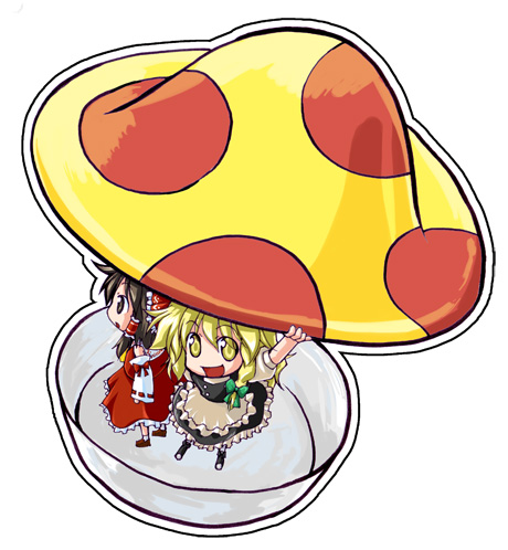 minato akira, hakurei reimu, kirisame marisa, touhou, black footwear, eyebrows, looking away, red footwear, white legwear, lowres, 2girls, :d, apron, arms up, black dress, black eyes, black hair, blonde hair, bow, braid, chibi, chibi only, detached sleeves, dress, female focus, frills, from above, green bow, hair bow, hair tubes, holding, legs apart, looking at viewer, multiple girls, mushroom, open mouth, red bow, red dress, red ribbon, ribbon, ribbon-trimmed sleeves, ribbon trim, shoes, simple background, smile, socks, standing, waist apron, white apron, white background, yellow eyes