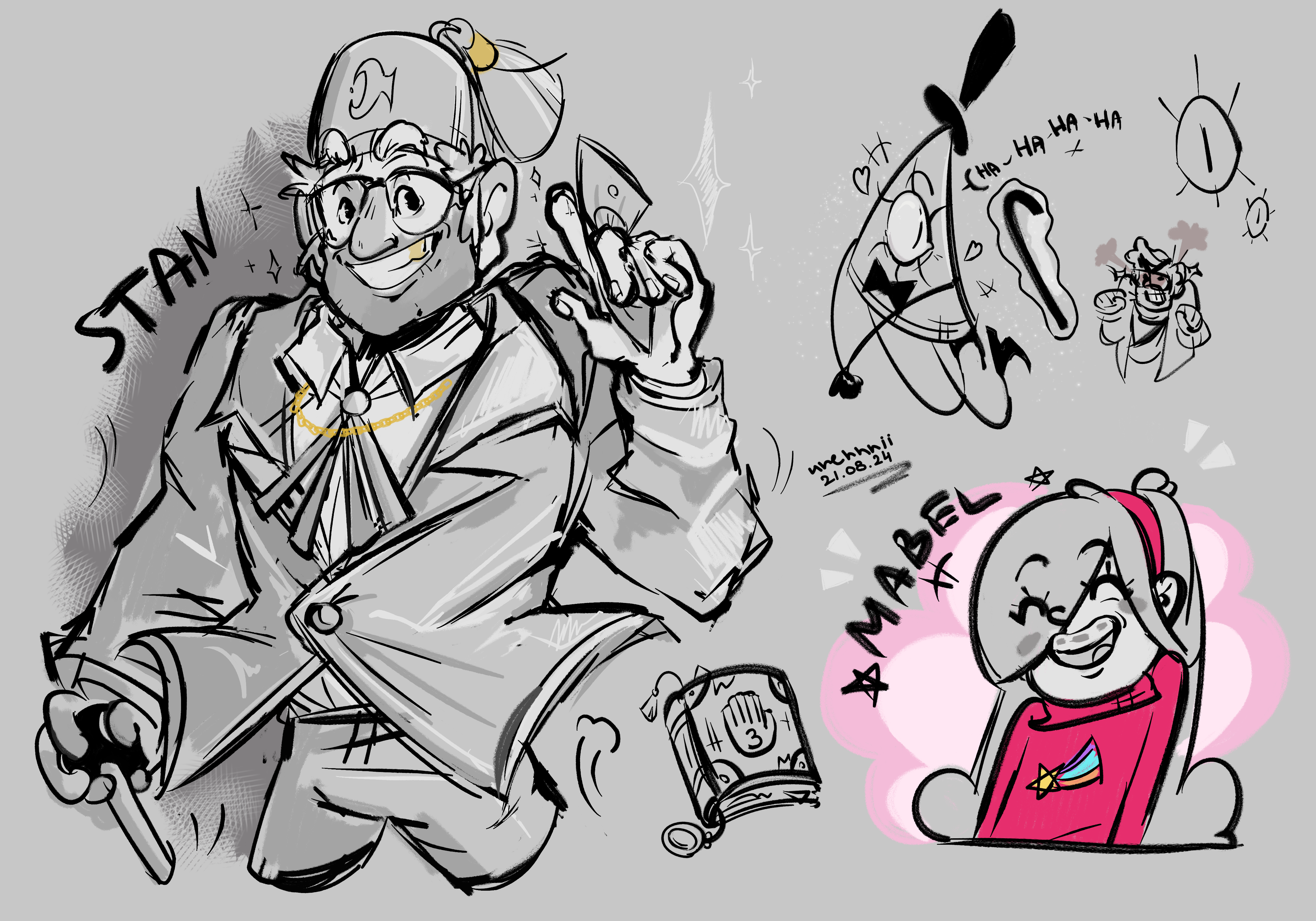 urennnii, bill cipher, ford pines, mabel pines, gravity falls, absurdres, highres, blush, english text, glasses, gold necklace, golden tooth, grey background, greyscale, jacket, jewelry, monochrome, necklace, pink shirt, shirt, sketch