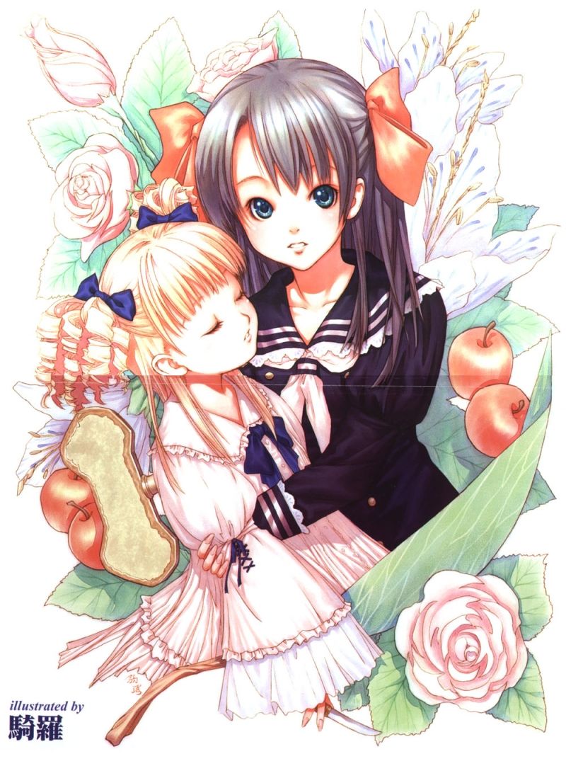 kira (artist), 2girls, apple, crease, drill hair, flower, food, fruit, multiple girls, ribbon, school uniform, serafuku, twintails, winding key