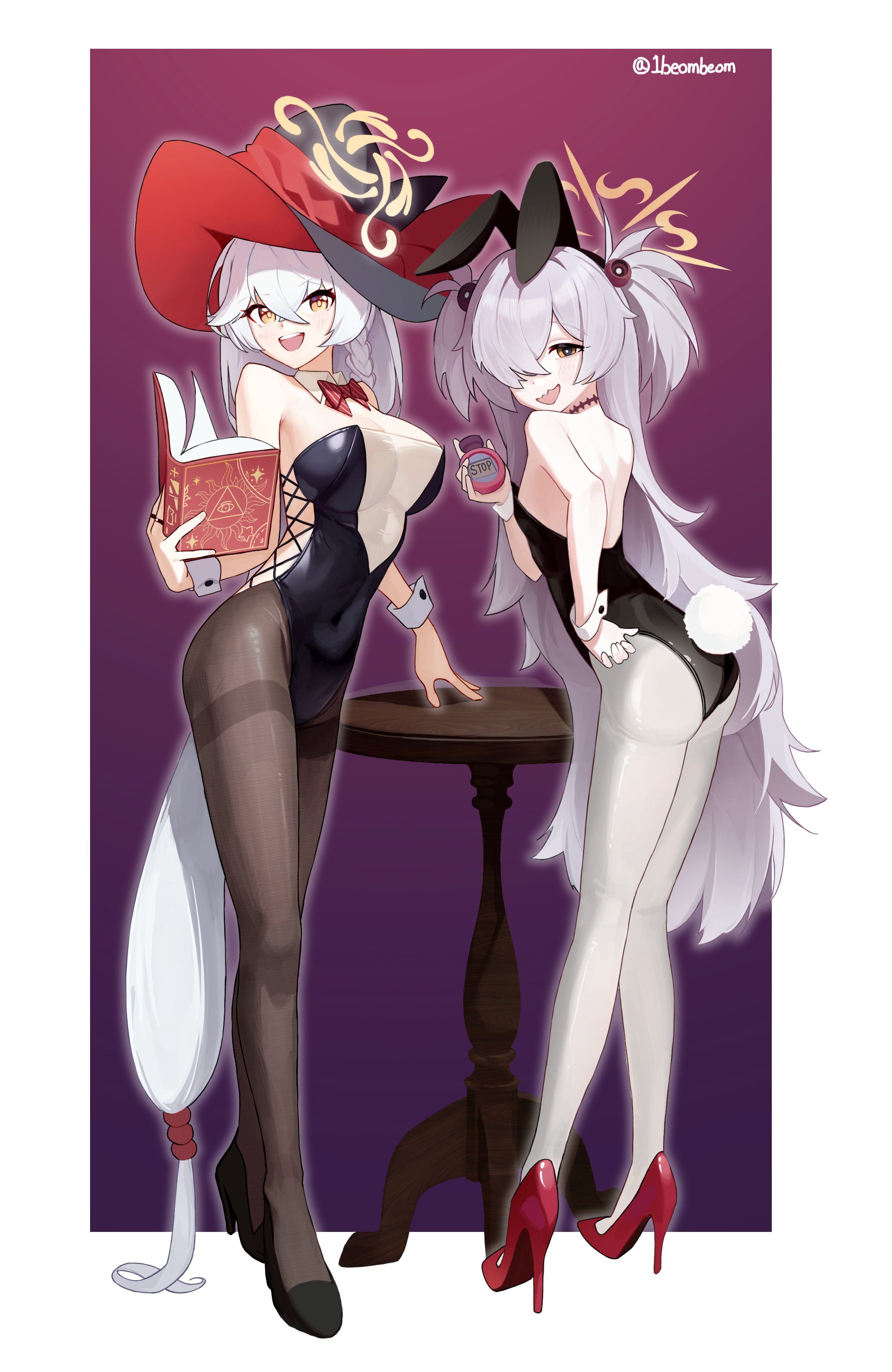 1beombeom, eri (blue archive), kanoe (blue archive), blue archive, absurdres, commentary request, highres, korean commentary, 2girls, alternate costume, animal ear hairband, animal ears, fake animal ears, hairband, halo, leotard, multiple girls, orange halo, playboy bunny, rabbit ear hairband, rabbit ears, rabbit tail, tail, tilted halo, white wrist cuffs, wrist cuffs, yellow eyes