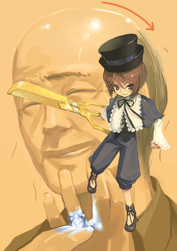 unaji, shibasaki motoharu, souseiseki, rozen maiden, 00s, 1boy, 1girl, bald, brown hair, capelet, green eyes, hat, heterochromia, holding, jewelry, lolita fashion, long sleeves, looking at viewer, neck ribbon, old, old man, projected inset, red eyes, ribbon, ring, scissors, short hair, smile
