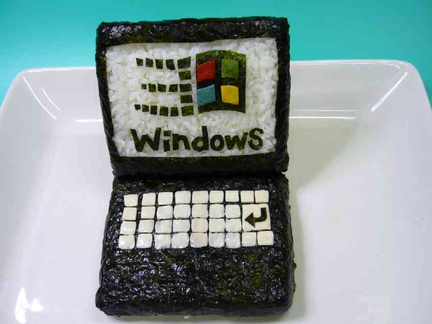 terashima junko, microsoft windows, photo (medium), unconventional media, computer, computer keyboard, food, food focus, laptop, no humans, nori (seaweed), plate, rice, seaweed, sushi