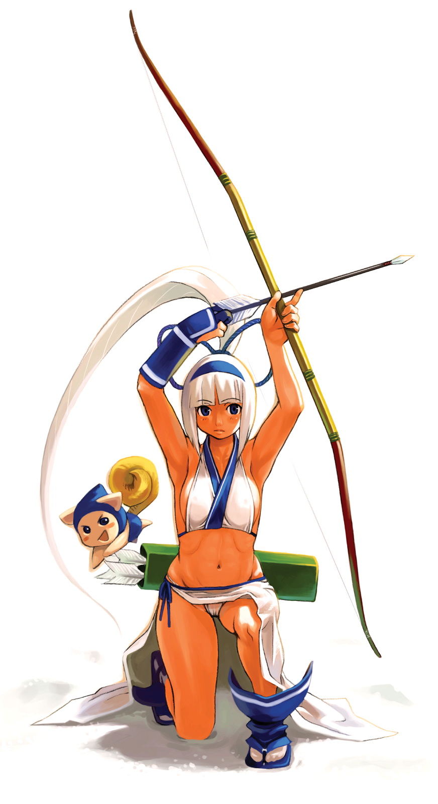 ryoji (nomura ryouji), champuru, majikina mina, samurai spirits, snk, highres, 1girl, archery, armpits, arrow (projectile), blue eyes, bow (weapon), breasts, cameltoe, dark-skinned female, dark skin, female focus, gloves, kneeling, kyuudou, long hair, medium breasts, midriff, navel, on one knee, partially fingerless gloves, partly fingerless gloves, ponytail, sideboob, simple background, single glove, solo, tabi, very long hair, weapon, white hair, yugake