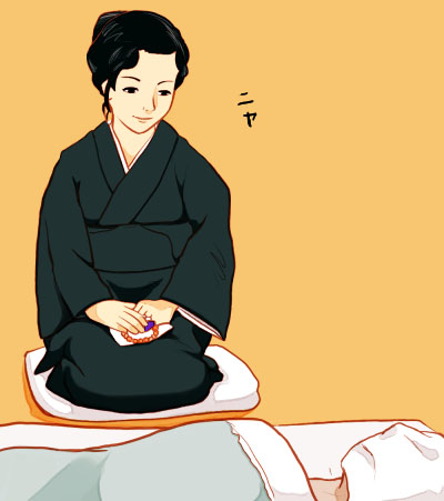 lowres, translated, 1girl, corpse, funeral, japanese clothes, orange background, solo focus