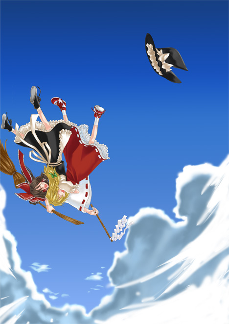 minato akira, hakurei reimu, kirisame marisa, touhou, black footwear, red footwear, white legwear, 2girls, ^ ^, apron, black hair, black hat, black skirt, black vest, blonde hair, blue sky, bow, braid, broom, closed eyes, cloud, day, detached sleeves, falling, female focus, frilled apron, frills, gohei, green bow, hair bow, hair tubes, hat, hat bow, hat ribbon, holding, holding broom, hug, laughing, long hair, multiple girls, no headwear, oonusa, outdoors, red bow, red ribbon, red skirt, ribbon, ribbon-trimmed skirt, ribbon-trimmed sleeves, ribbon trim, shide, shirt, shoes, single braid, skirt, sky, sneakers, socks, unworn hat, unworn headwear, upside-down, vest, waist apron, white apron, white bow, white ribbon, white shirt, witch hat