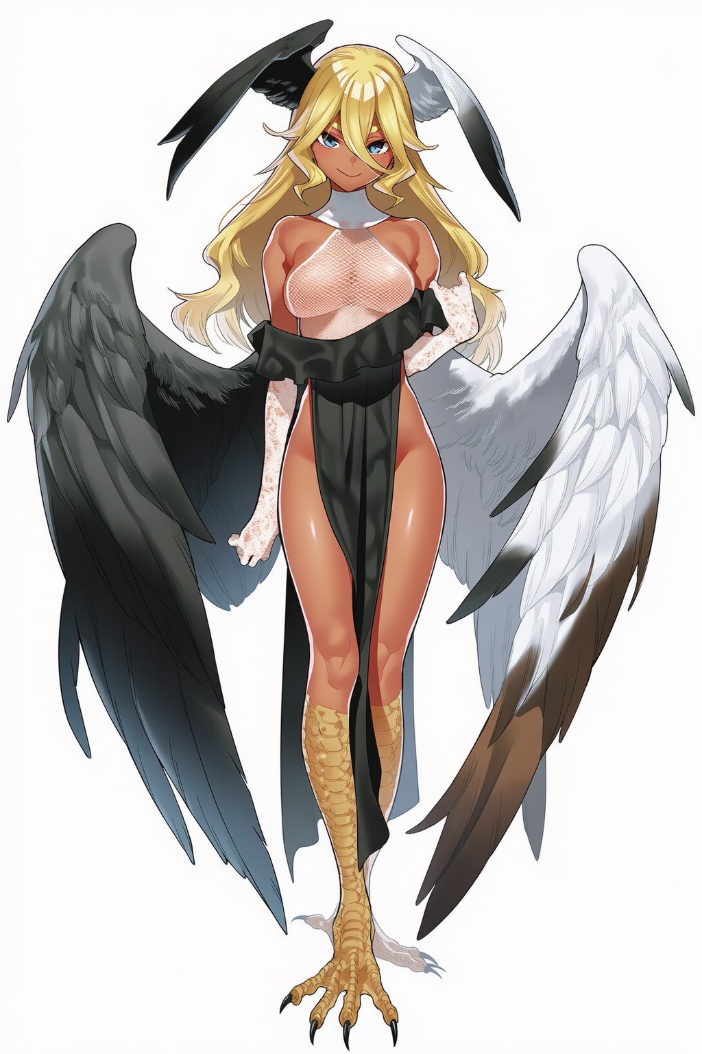 original, commentary request, highres, 1girl, asymmetrical wings, bare shoulders, black dress, black feathers, black wings, blonde hair, blue eyes, bottomless, breasts, brown feathers, claws, closed mouth, dark-skinned female, dark skin, dot nose, double-parted bangs, dress, elbow gloves, feathered wings, feathers, fishnet leotard, fishnets, full body, gloves, hair between eyes, harpy, head wings, legs together, leotard, long hair, looking at viewer, low wings, medium breasts, monster girl, off shoulder, oversized wings, rose rnk exia, shadow, simple background, smile, solo, standing, thick eyebrows, v-shaped eyebrows, white background, white feathers, white wings, wings