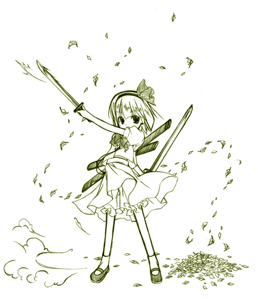 honokan, konpaku youmu, touhou, 1girl, female focus, full body, green theme, monochrome, solo